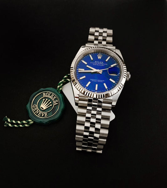 Pre-owned Rolex Stainless Steel Datejust 36mm Fluted Bezel Blue Index Stick Dial