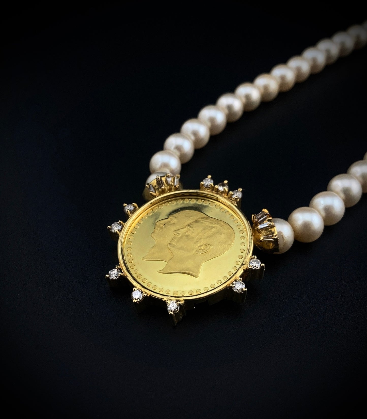 Estate Pearl And Diamond 16" Coin Necklace