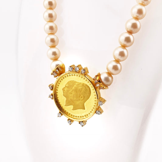 Estate Pearl And Diamond 16" Coin Necklace